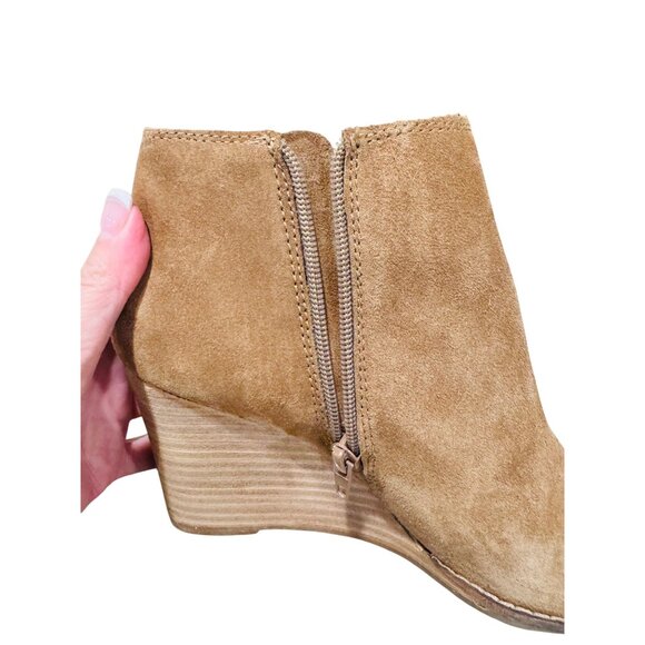 Lucky Brand Yimme Booties Tan Suede Wedge Ankle Booties Western Boho City Shoes - Picture 9 of 11